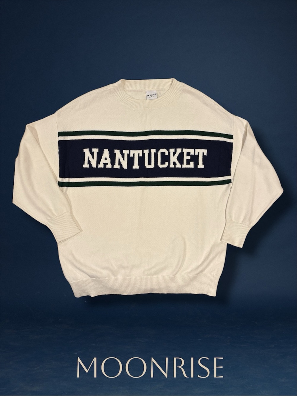 MOONRISE Nantucket Crewneck Knit Sweater Off White Navy Green Size Large L